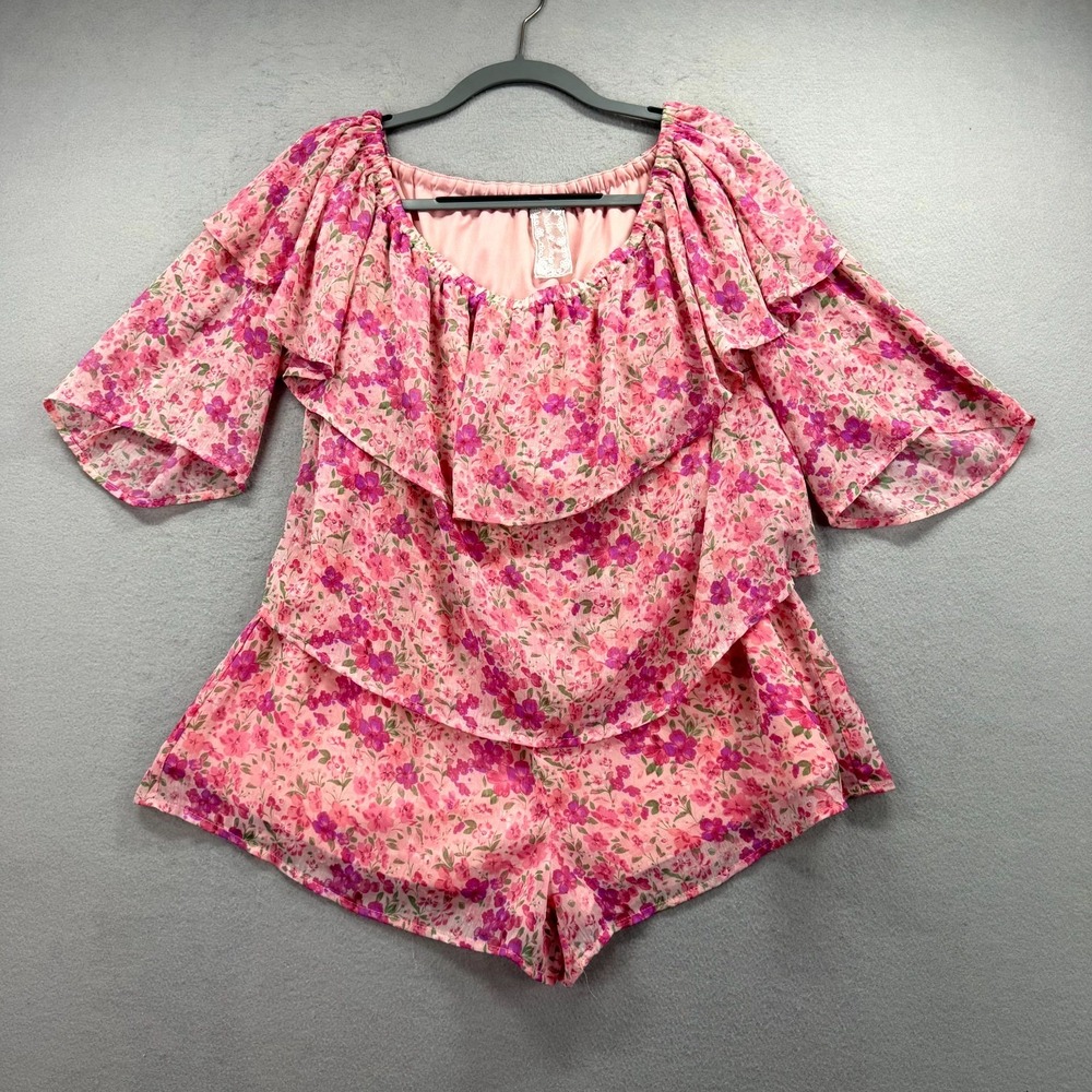 Sadie & Sage Tiered Romper Womens Medium Pink Floral Ruffled Off the Shoulder